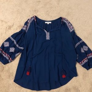 Loft blue blouse with red/white detail, size L